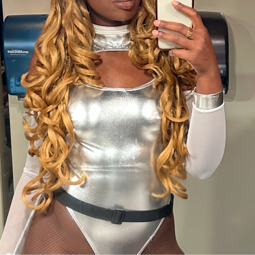 Silver Metallic Bodysuit with Sheer Sleeves